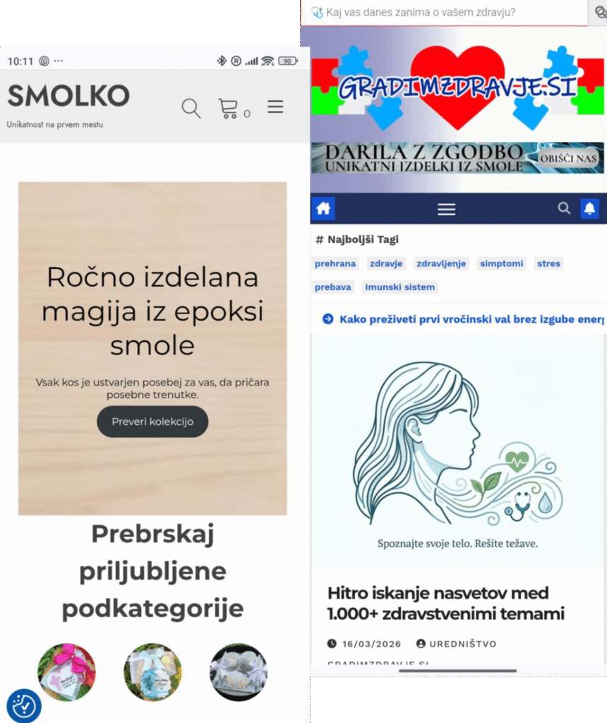 Ogled strani gradimzdravje.si in smolko.shop v mobilnem načinu. Digiteam