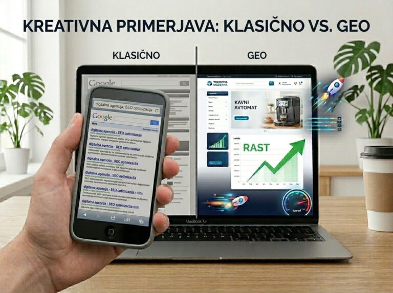 Primerjava med klasičnim Googlovim iskanjem z modrimi povezavami na pametnem telefonu in naprednim GEO vmesnikom z grafom rasti ter ikono rakete na zaslonu prenosnika MacBook, z naslovom "Kreativna primerjava: Klasično vs. GEO".