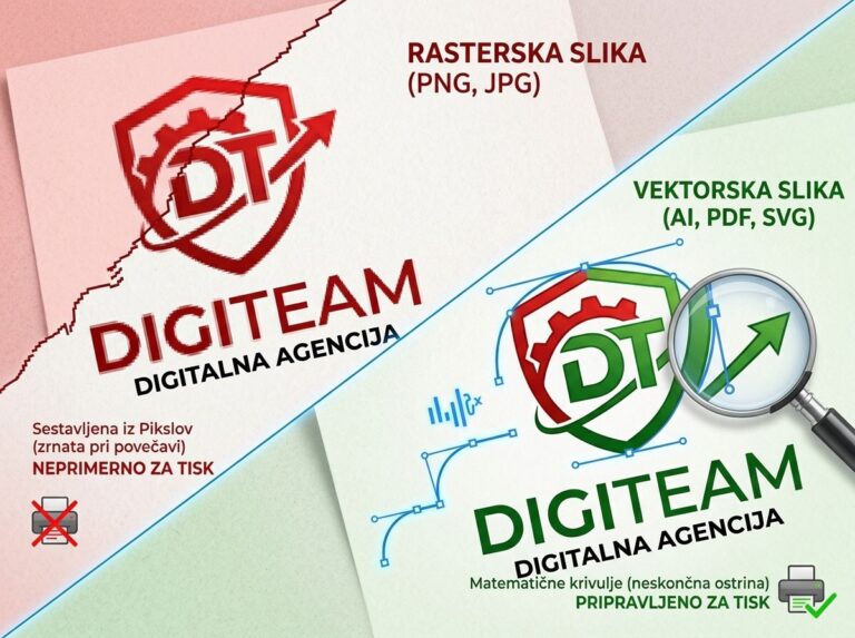 Primerjava med pikselirano rastrsko sliko in ostrim vektorskim logotipom DigiTeam za tisk.