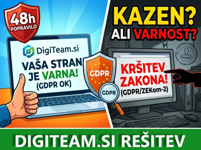 Primerjava varne spletne strani z GDPR ok potrdilom in strani s kršitvijo zakona ZEKom-2 ter tveganjem za kazen.